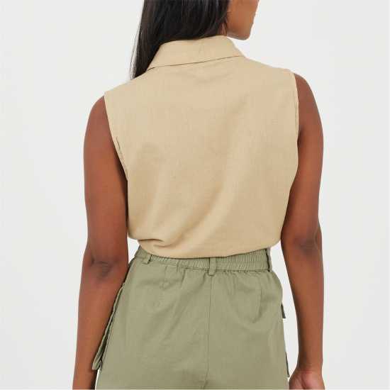 Brave Soul Womens Sleeveless Collared Top With Tie Detail Sand 