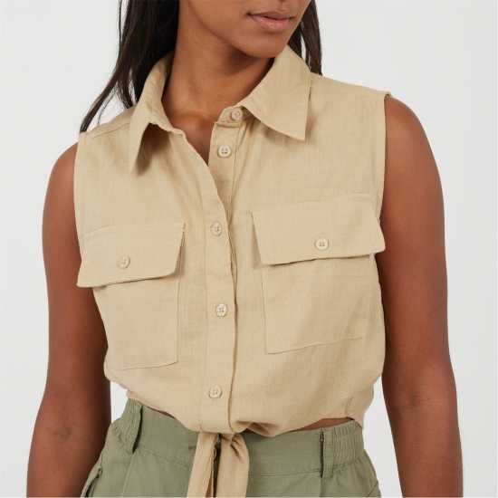 Brave Soul Womens Sleeveless Collared Top With Tie Detail Sand 