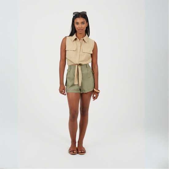 Brave Soul Womens Sleeveless Collared Top With Tie Detail Sand 