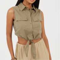 Brave Soul Womens Sleeveless Collared Top with Tie Detail Khaki 