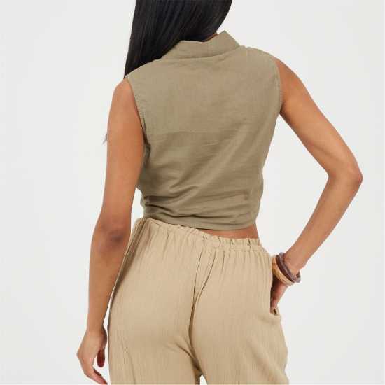 Brave Soul Womens Sleeveless Collared Top with Tie Detail Khaki 