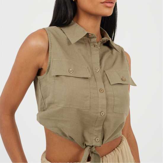 Brave Soul Womens Sleeveless Collared Top with Tie Detail Khaki 