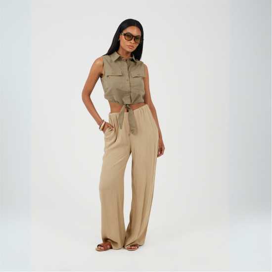 Brave Soul Womens Sleeveless Collared Top with Tie Detail Khaki 
