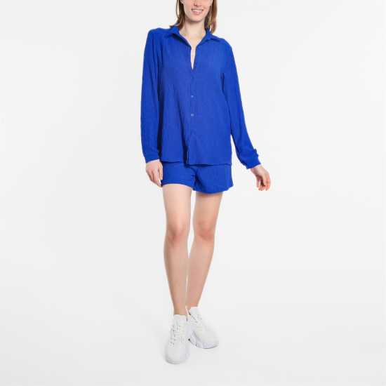 Textured Shirt And Short Set Cobalt Blue Дамски къси панталони