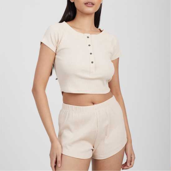 Brave Soul Womens Lounge Set With Henley Cropped Tee & Matching Shorts Oatmeal Brave Soul Womens Lounge Set With Henley Cropped Tee & Matching Shorts Oatmeal