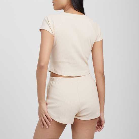 Brave Soul Womens Lounge Set With Henley Cropped Tee & Matching Shorts Oatmeal Brave Soul Womens Lounge Set With Henley Cropped Tee & Matching Shorts Oatmeal