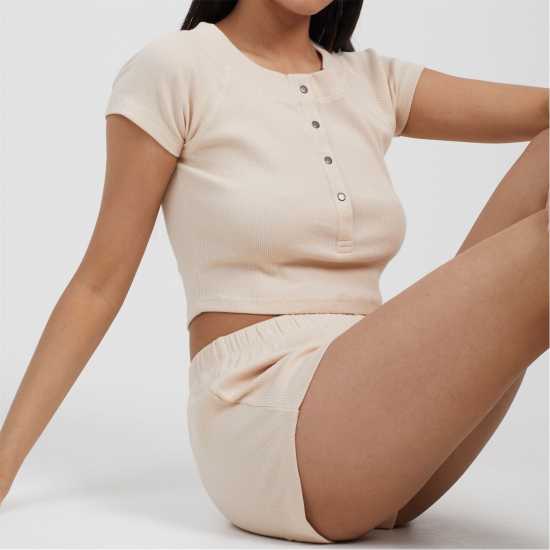 Brave Soul Womens Lounge Set With Henley Cropped Tee & Matching Shorts Oatmeal Brave Soul Womens Lounge Set With Henley Cropped Tee & Matching Shorts Oatmeal
