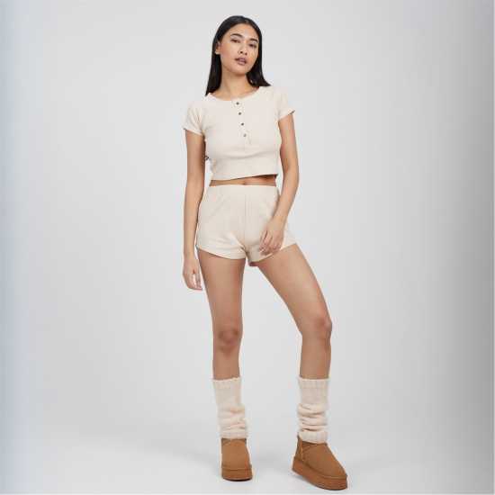 Brave Soul Womens Lounge Set With Henley Cropped Tee & Matching Shorts Oatmeal Brave Soul Womens Lounge Set With Henley Cropped Tee & Matching Shorts Oatmeal
