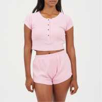 Brave Soul Womens Lounge Set With Henley Cropped Tee & Matching Shorts Pink Brave Soul Womens Lounge Set With Henley Cropped Tee & Matching Shorts Pink