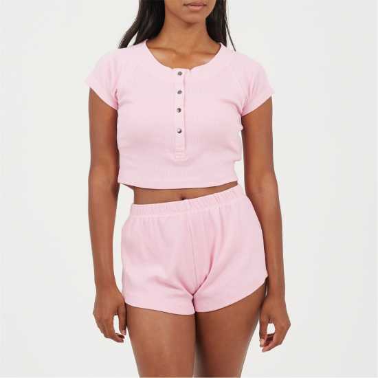 Brave Soul Womens Lounge Set With Henley Cropped Tee & Matching Shorts Pink Brave Soul Womens Lounge Set With Henley Cropped Tee & Matching Shorts Pink