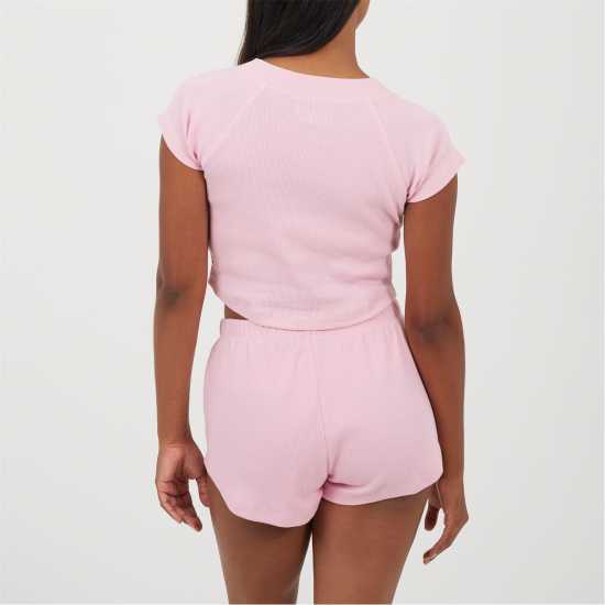 Brave Soul Womens Lounge Set With Henley Cropped Tee & Matching Shorts Pink Brave Soul Womens Lounge Set With Henley Cropped Tee & Matching Shorts Pink