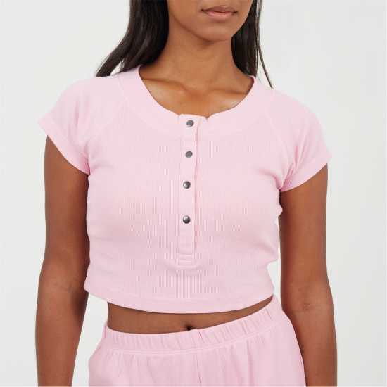 Brave Soul Womens Lounge Set With Henley Cropped Tee & Matching Shorts Pink Brave Soul Womens Lounge Set With Henley Cropped Tee & Matching Shorts Pink