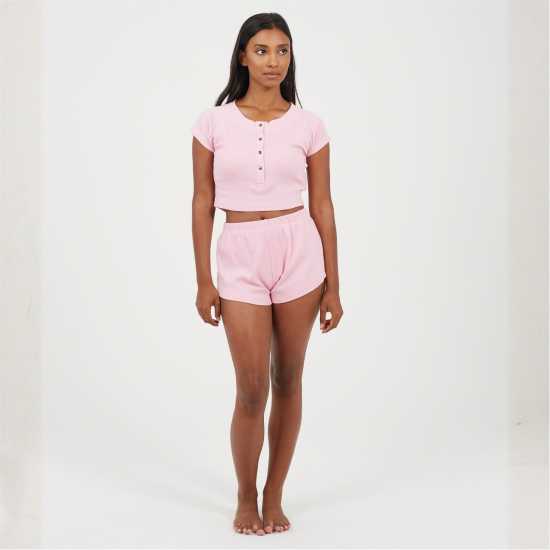 Brave Soul Womens Lounge Set With Henley Cropped Tee & Matching Shorts Pink Brave Soul Womens Lounge Set With Henley Cropped Tee & Matching Shorts Pink