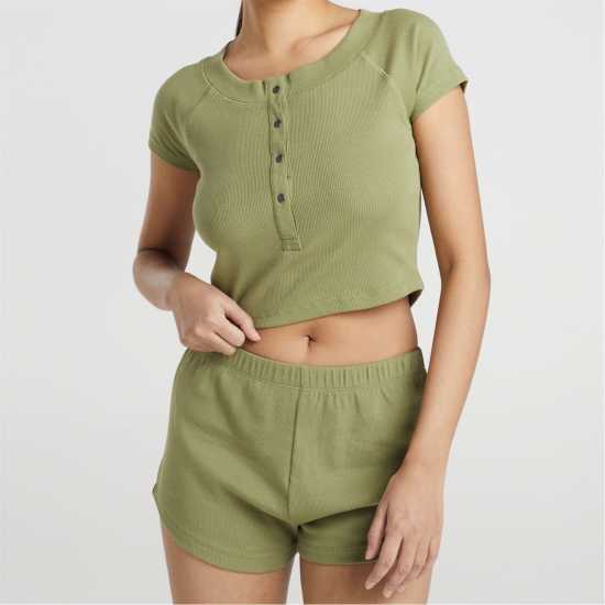 Brave Soul Womens Lounge Set With Henley Cropped Tee & Matching Shorts Khaki 