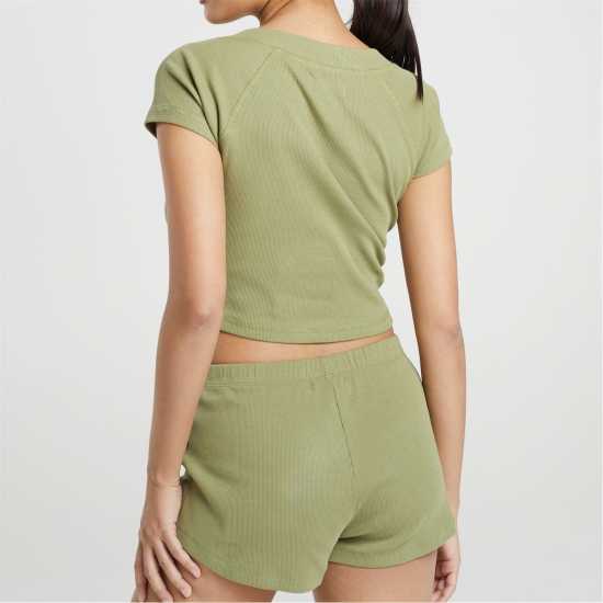 Brave Soul Womens Lounge Set With Henley Cropped Tee & Matching Shorts Khaki 