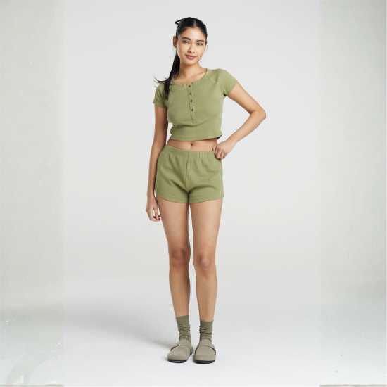 Brave Soul Womens Lounge Set With Henley Cropped Tee & Matching Shorts Khaki 