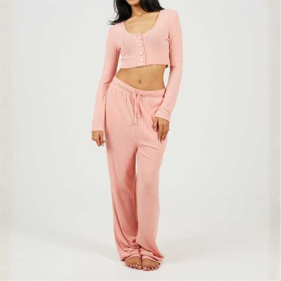 Brave Soul Womens Long Sleeve Cropped Top And Matching Trouser Lounge Set Dusty Pink 