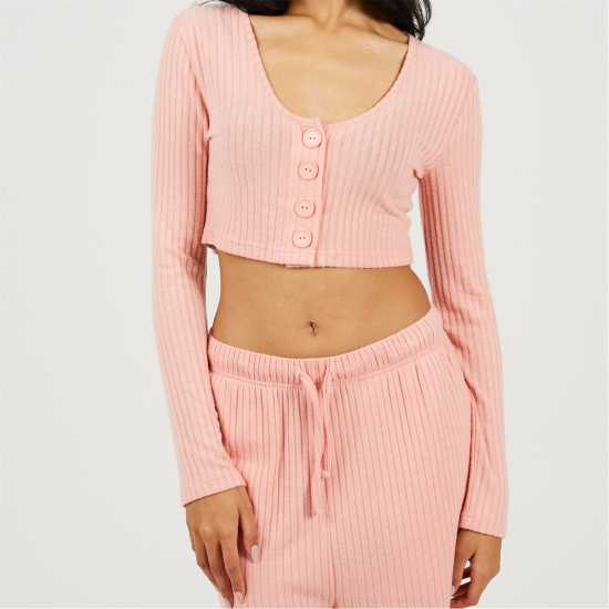 Brave Soul Womens Long Sleeve Cropped Top And Matching Trouser Lounge Set Dusty Pink 