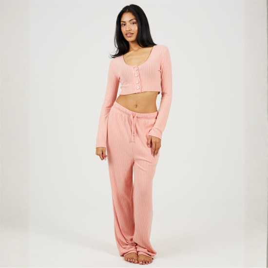 Brave Soul Womens Long Sleeve Cropped Top And Matching Trouser Lounge Set Dusty Pink 