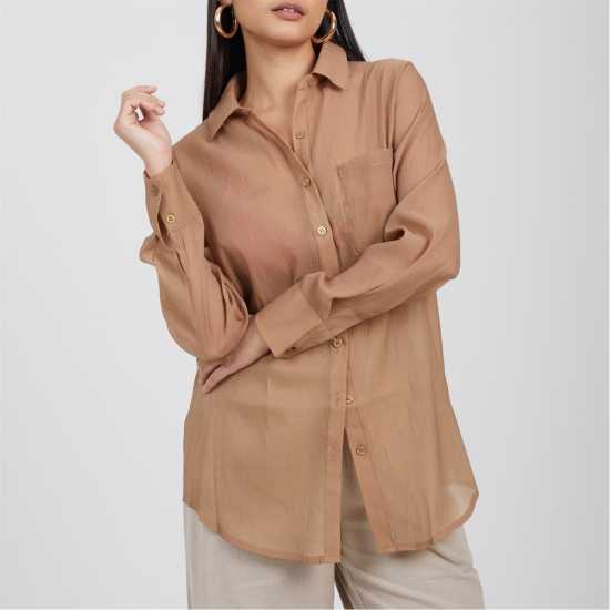 Brave Soul Brave Womens Long Sleeve Plain Shirt With Chest Pocket Beige 