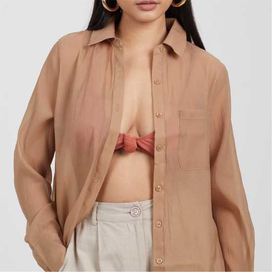 Brave Soul Brave Womens Long Sleeve Plain Shirt With Chest Pocket Beige 