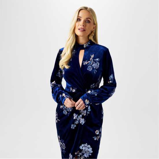 Biba Embellished Velvet Dress Морска синьо Дамски поли и рокли