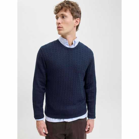 Плетен Мъжки Пуловер Jack And Jones Emil Cable Knit Jumper Mens Navy Blazer 