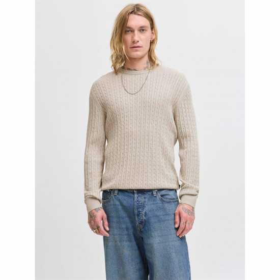 Jack and Jones Emil Cable Knit Jumper Mens Oatmeal Плетен Мъжки Пуловер Jack And Jones Emil Cable Knit Jumper Mens Oatmeal