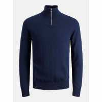 Плетен Мъжки Пуловер Jack And Jones Half Zip Knit Jumper Mens Navy Blazer 