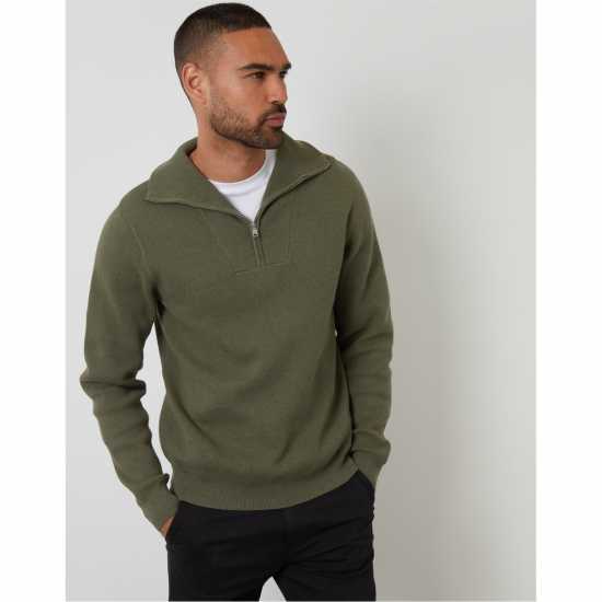 Threadbare Men's Kamrul Quarter Zip Knitted Jumper Olive Threadbare Men's Kamrul Quarter Zip Knitted Jumper Olive
