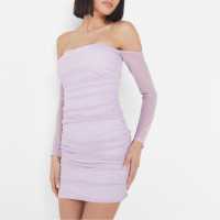 Bardot Ruched Mesh Mini Dress Lilac Дамски поли и рокли