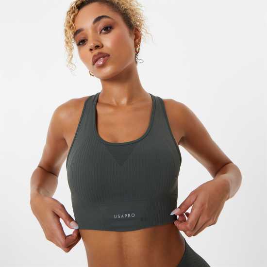 Usa Pro Спортен Безшевен Сутиен Кръстосани Презрамки Seamless Crop Sports Bra Хаки Спортни сутиени