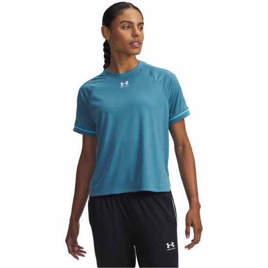 Under Armour Women's Challenger Boxy Short Sleeve Performance Gym Top Blue/White 