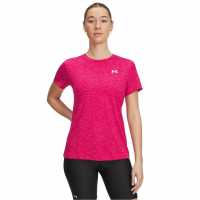 Under Armour Tech Twist Short Sleeve Womens Сенчеста Фуксия Дамски дрехи за фитнес