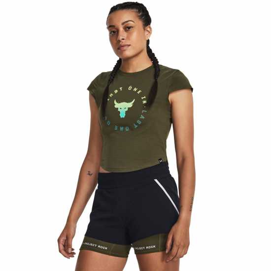 Under Armour Project Rock Night Shift Cap T-Shirt Womens Green Дамски дрехи за бягане