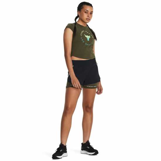 Under Armour Project Rock Night Shift Cap T-Shirt Womens Green Дамски дрехи за бягане