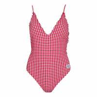 Tommy Hilfiger Plunge One Piece Red Ging Дамски бански