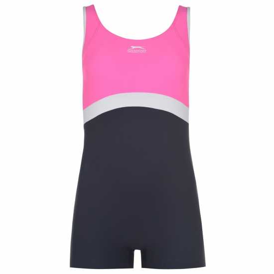 Slazenger Бански Костюм Момичета Boyleg Swimming Suit Junior Girls Розово/Бяло Детски бански и бикини