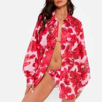 I Saw It First Printed Mesh Oversized Beach Shirt Pink Floral Дамско облекло плюс размер