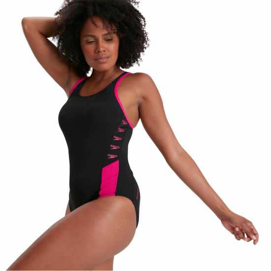 Speedo Women's Boom Logo Splice Muscleback Swimsuit Black Blk/Ele Pink Дамски бански