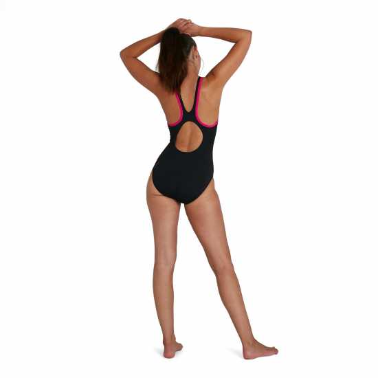 Speedo Women's Boom Logo Splice Muscleback Swimsuit Black Blk/Ele Pink Дамски бански