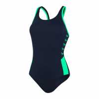Speedo Women's Boom Logo Splice Muscleback Swimsuit Black True Navy/Green Дамски бански