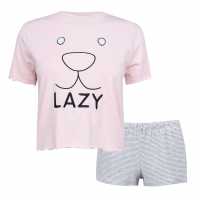 Fabric Velvet Stripe Shorts Soft Pyjama Set With Lazy Slogan Baby Pink Дамско облекло плюс размер