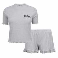 Fabric Waffle Cotton Frilly Shorts Pyjama Set With Relax Slogan Grey/Nude Дамско облекло плюс размер