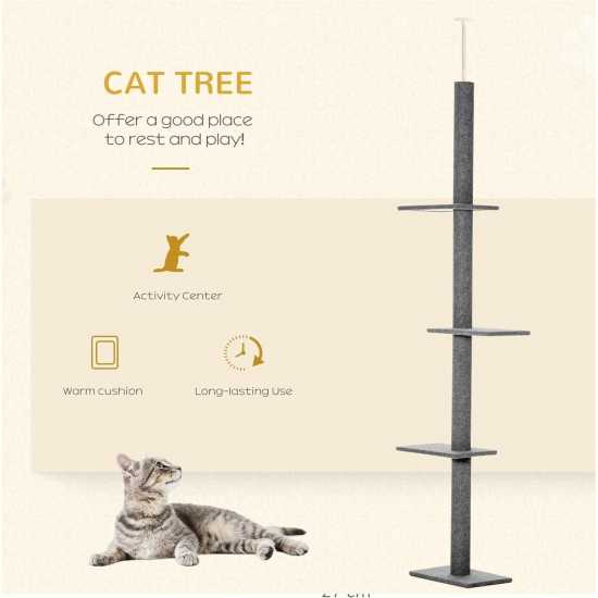 Unbranded Pawhut 260Cm Floor To Ceiling Cat Tree 3 Perch Grey Магазин за домашни любимци