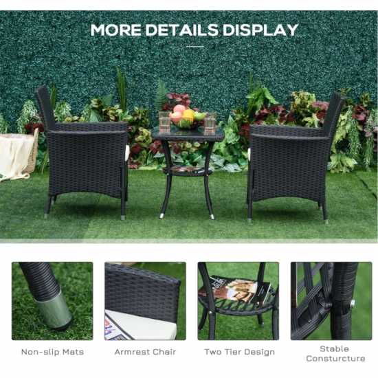 Outsunny Three-Piece Rattan Chair Set And Cushions Black Лагерни маси и столове