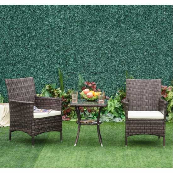 Outsunny Three-Piece Rattan Chair Set And Cushions Brown Лагерни маси и столове