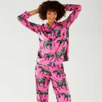 Chelsea Peers Satin Button Up Pyjama Set Pink Jaguar Дамски пижами