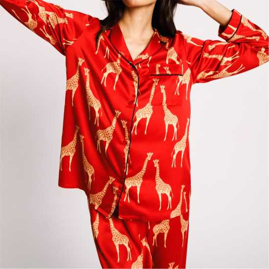 Chelsea Peers Satin Button Up Pyjama Set Red/Giraffe Дамски пижами