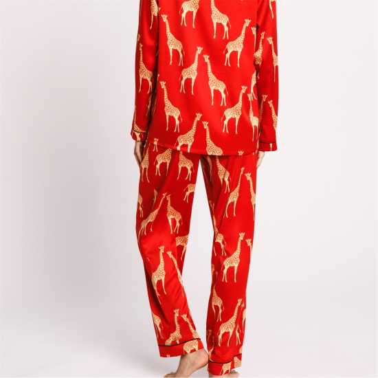 Chelsea Peers Satin Button Up Pyjama Set Red/Giraffe Дамски пижами